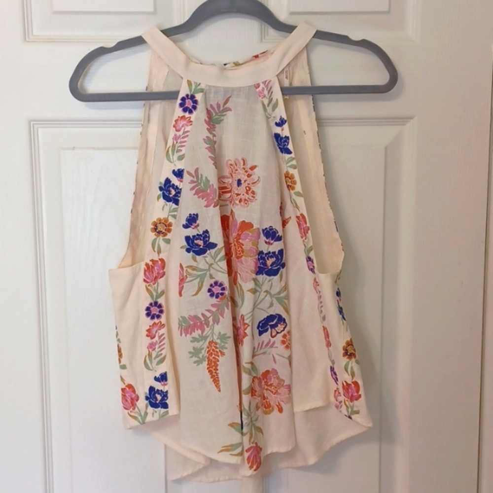 Free People, sz S, cream sleeveless floral tunic in pinks, blue, green.